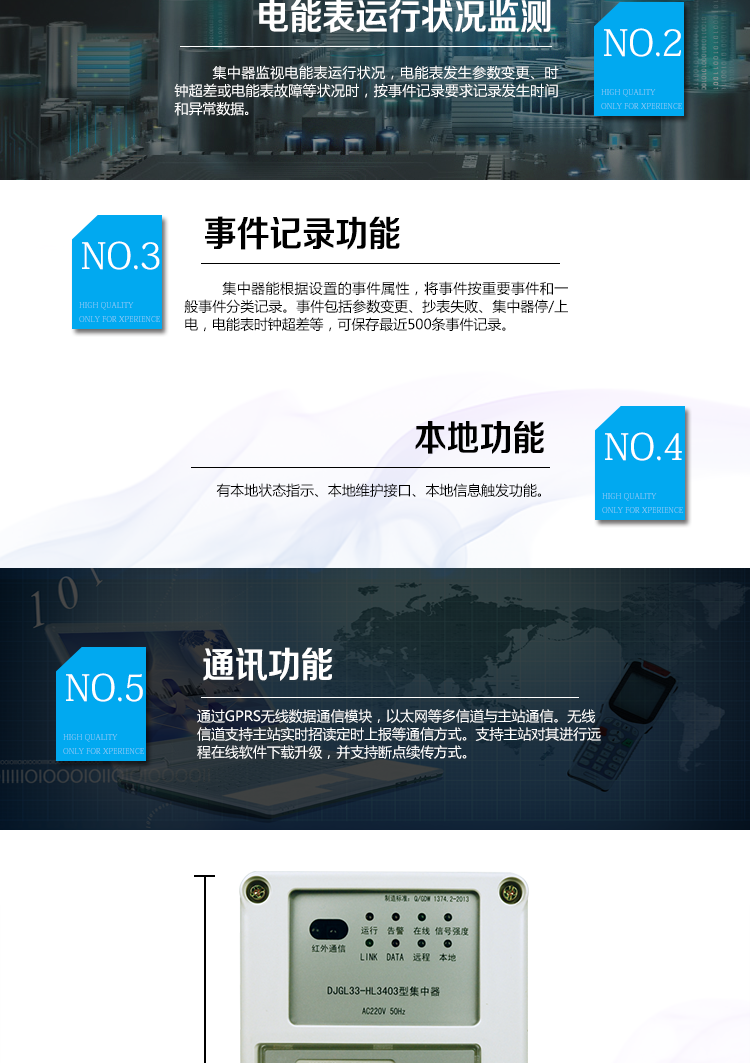 華立DJGL33-HL3403微型集中器主要功能
　　數(shù)據(jù)采集：能采集各電能表的實時電能示值、日零點凍結(jié)電能示值、抄表日零點凍結(jié)電能示值。帶有時標。
　　數(shù)據(jù)管理和存儲：能按要求對采集數(shù)據(jù)進行分類存儲，如日凍結(jié)數(shù)據(jù)、抄表日凍結(jié)數(shù)據(jù)、曲線數(shù)據(jù)、歷史月數(shù)據(jù)等。曲線凍結(jié)數(shù)據(jù)密度為1小時。集中器抄表數(shù)量最大為192只。集中器存儲容量為32M。
　　電能表運行狀況監(jiān)測：集中器監(jiān)視電能表運行狀況，電能表發(fā)生參數(shù)變更、時鐘超差或電能表故障等狀況時，按事件記錄要求記錄發(fā)生時間和異常數(shù)據(jù)。
　　參數(shù)設(shè)置和查詢功能：可主站遠程或手持設(shè)備本地設(shè)置和查詢檔案、通信參數(shù)等，
　　事件記錄：集中器能根據(jù)設(shè)置的事件屬性，將事件按重要事件和一般事件分類記錄。事件包括參數(shù)變更、抄表失敗、集中器停/上電，電能表時鐘超差等，可保存最近500條事件記錄。
　　本地功能：有本地狀態(tài)指示、本地維護接口、本地信息觸發(fā)功能
　　通訊功能：通過GPRS無線數(shù)據(jù)通信模塊，以太網(wǎng)等多信道與主站通信。無線信道支持主站實時招讀、定時上報等通信方式。支持主站對其進行遠程在線軟件下載升級，并支持斷點續(xù)傳方式。