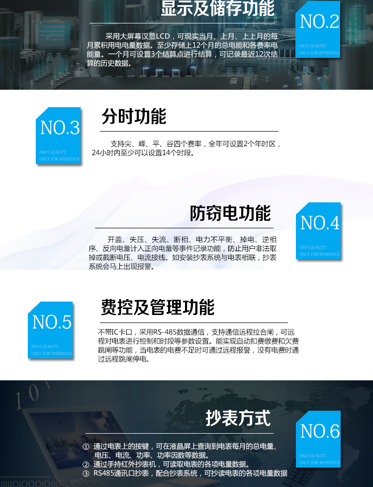 華立DDZY285-J電能表主要功能
　　電能計量功能
　　計量參數(shù)：具有正、反向組合有功電能的計量功能，組合有功電能可由正反向有功電能進行選擇性組合。
　　測量功能：能測量電壓、電流(包含零線)，有功功率以及功率因數(shù)等電網(wǎng)參數(shù)。
　　分時功能：支持尖、峰、平、谷四個費率，全年可設(shè)置2個年時區(qū)，24小時內(nèi)至少可以設(shè)置14個時段。
　　數(shù)據(jù)存儲：至少存儲上12個月的總電能和各費率電能量。一個月可設(shè)置3個結(jié)算點進行結(jié)算，可記錄最近12次結(jié)算的歷史數(shù)據(jù)。
　　顯示功能：采用大屏幕漢顯LCD，可現(xiàn)實當(dāng)月、上月、上上月的每月累積用電電量數(shù)據(jù)。
　　防竊電功能
　　開蓋記錄功能，記錄開表蓋總次數(shù)，防止非法更改電路。
　　反向電量計入正向電量，用戶如將電流線接反，不具有竊電作用，電表照樣正向走字
　　具有記錄編程、掉電、校時、跳閘等事件發(fā)生的時刻以及事件發(fā)生時電能表狀態(tài)，防止用戶更改電表數(shù)據(jù)。
　　具有凍結(jié)和報警功能。
　　以上情況如發(fā)出，電表會出現(xiàn)報警標(biāo)志，如安裝抄表系統(tǒng)與電表相聯(lián)，抄表系統(tǒng)會馬上出現(xiàn)報警。
　　費控功能
　　電表不帶IC卡口，采用RS-485和無線進行數(shù)據(jù)通信，支持通信遠(yuǎn)程拉合閘。
　　費控管理功能
　　可通過遠(yuǎn)程對電能表進行遠(yuǎn)程拉、合閘控制和時段等參數(shù)設(shè)置，進而對用戶的用電實施遠(yuǎn)程管理。
　　能實現(xiàn)自動扣費繳費的功能和欠費跳閘等功能，當(dāng)電表的電費不足時可以通過遠(yuǎn)程報警，沒有電費時通過遠(yuǎn)程跳閘停電，操作管理十分方便。
　　抄表方式
　　通過電表上的按鍵，可在液晶屏上查詢到電表每月的總電量、電壓、電流、功率、功率因數(shù)等數(shù)據(jù)。
　　通過手持紅外抄表機，可讀取電表的各項電量數(shù)據(jù)。
　　RS485通訊口抄表，配合抄表系統(tǒng)，可抄讀電表的各項電量數(shù)據(jù)。并支持DL/T645-2007多功能電能表通訊規(guī)約。