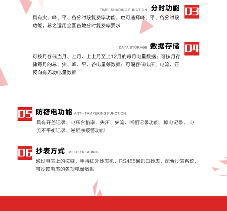 主要功能
分時(shí)計(jì)量功能，即可按相應(yīng)的時(shí)段分別累計(jì)、存儲(chǔ)總、尖、峰、平、谷有功電能、無功電能； 分別計(jì)量正反向有功、無功A、B、C三相電能，可存儲(chǔ)月凍結(jié)電量12個(gè)月。
需量選用滑差式，可以設(shè)置最大需量計(jì)量周期及滑差步進(jìn)時(shí)間。需量周期可在5、10、15、30、60分鐘中選取，滑差時(shí)間可在1、2、3、5分鐘中選取，需量周期為滑差時(shí)間的整整5倍及以上。電能表在出廠時(shí)設(shè)定的需量周期默認(rèn)值15分鐘，滑差時(shí)間1分鐘。
通過數(shù)據(jù)采集RS485接口按設(shè)定的電能表抄表日或定時(shí)采集時(shí)間間隔(默認(rèn)15分鐘)凍結(jié)、采集、存儲(chǔ)計(jì)量表計(jì)的數(shù)據(jù)。
計(jì)算每月電壓合格率，統(tǒng)計(jì)每月A、B、C各相運(yùn)行時(shí)間、電壓超上限時(shí)間、低于下限時(shí)間，記錄數(shù)據(jù)存貯3個(gè)月。計(jì)算每月供電可靠率，數(shù)據(jù)能存貯3個(gè)月。計(jì)算每月功率因數(shù)合格率，數(shù)據(jù)能存貯3個(gè)月。
三相中任一相或兩相失壓，電能表均應(yīng)正常工作，并分相記錄累計(jì)失壓時(shí)間，同時(shí)記錄各相電壓最近10次失壓發(fā)生時(shí)刻和結(jié)束時(shí)刻。三相電壓分相指示，并能在電能表液晶顯示屏上直接顯示有否失壓情況。分相按次記錄停電起止時(shí)間，精確到分鐘。
電能表能分相記錄累計(jì)失流時(shí)間，同時(shí)記錄各相電流最近10次失流發(fā)生時(shí)刻和結(jié)束時(shí)刻。
按時(shí)間發(fā)生的先后順序記錄最近10次的編程時(shí)間、電量復(fù)零記錄、最大需量復(fù)零時(shí)間、廣播校時(shí)時(shí)間、掉電時(shí)間和上電時(shí)間。
能判斷多功能電能表內(nèi)部故障、異常情況并顯示符號(hào)或出錯(cuò)信息碼，出錯(cuò)信息碼可通過RS485接口或通信模塊實(shí)現(xiàn)遠(yuǎn)傳。
具有可編程、抄讀數(shù)據(jù)、實(shí)現(xiàn)自動(dòng)需量復(fù)位和參數(shù)更新的吸附式光電通信接口及紅外通訊功能。具有電氣隔離的標(biāo)準(zhǔn)RS485數(shù)據(jù)通信接口，能實(shí)現(xiàn)本地或遠(yuǎn)程數(shù)據(jù)信息采集和交換。
多功能電能表和數(shù)據(jù)采集儀的遠(yuǎn)程通訊協(xié)議可升級(jí)為全省統(tǒng)一標(biāo)準(zhǔn)通訊協(xié)議。 
