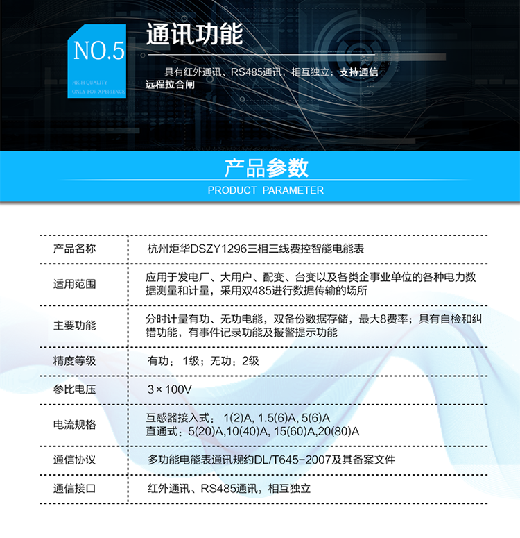 DSZY1296 三相三線1級費控智能電能表
產品標準:
?GB/T 17215.211-2006《交流電測量設備 通用要求、試驗和試驗條件 第11部分：測量設備》
?GB/T 17215.321-2008《交流電測量設備 特殊要求21部分：靜止式有功電能表（1級和2級）》
?GB/T 17215.323-2008《交流電測量設備 特殊要求23部分：靜止式無功電能表（2級和3級）》
?GB/T 17215.301-2007《多功能電能表特殊要求》
?Q/GDW 1354-2013《智能電能表功能規范》
?Q/GDW 1356-2013《三相智能電能表型式規范》
?Q／GDW 1827-2013《三相智能電能表技術規范》
?Q／GDW 1365-2013《智能電能表信息交換安全認證技術規范》
?DL/T 645-2007《多功能電能表通信協議》