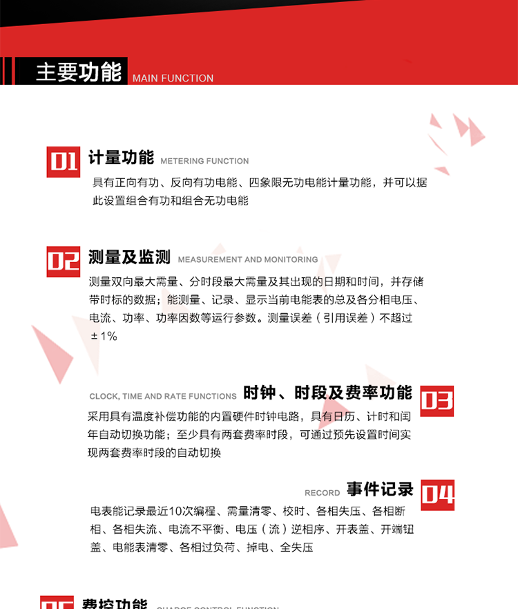主要功能
1. 電能計量
具有正向有功、反向有功電能、四象限無功電能計量功能，并可以據此設置組合有功和組合無功電能。
2. 需量計量
測量雙向最大需量、分時段最大需量及其出現的日期和時間，并存儲帶時標的數據。
3. 測量及監測
能測量、記錄、顯示當前電能表的總及各分相電壓、電流、功率、功率因數等運行參數。測量誤差（引用誤差）不超過±1%。
4. 時鐘、時段及費率功能
采用具有溫度補償功能的內置硬件時鐘電路，具有日歷、計時和閏年自動切換功能。內部時鐘端子輸出頻率為1Hz。至少具有兩套費率時段，可通過預先設置時間實現兩套費率時段的自動切換。每套費率時段全年至少可設置2個時區，24小時內至少可以設置8個時段，時段最小間隔為15分鐘，并且時段間隔大于表內設定的需量周期值，時段可跨越零點設置。
5. 費控功能 
電能表費控功能的實現方式通過CPU卡等固態介質實現。具有兩套階梯電價計費方式，并可在設置時間點啟用另一套階梯電價計費。
6. 無線通信
通過無線通信與主站通信。支持在安全認證前提下，通過無線網絡信道修改費率時段表及電價。
7. 事件記錄
電表能記錄最近10次編程、需量清零、校時、各相失壓、各相斷相、各相失流、電流不平衡、電壓（流）逆相序、開表蓋、開端鈕蓋、電能表清零、各相過負荷、掉電、全失壓。
8. 凍結
具有定時凍結、瞬時凍結、約定凍結和日凍結功能。
9.　負荷記錄
記錄正反向有功總電能、無功總電能、四象限無功總電能、組合有功、組合無功1、組合無功2，負荷記錄間隔時間可以在1～60min范圍內設置，時間間隔為1min的情況下可記錄不少于40天的數據容量。
10. 停電抄表
在停電狀態下，能通過按鍵或非接觸方式喚醒電能表，抄讀電能量等數據。
11. 擴展功能
計量視在電能、諧波電壓、電流、電量的監測、電能質量監測和計算鐵損、銅損。 