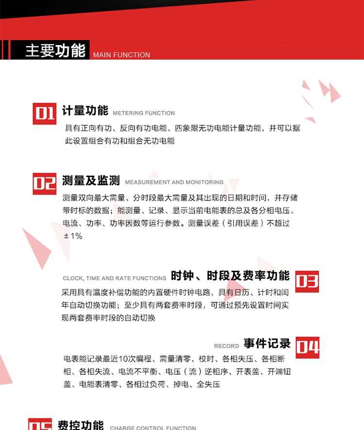 主要功能
1. 　電能計(jì)量
具有正向有功、反向有功電能、四象限無功電能計(jì)量功能，并可以據(jù)此設(shè)置組合有功和組合無功電能。
2. 　需量計(jì)量
測量雙向最大需量、分時段最大需量及其出現(xiàn)的日期和時間，并存儲帶時標(biāo)的數(shù)據(jù)。
3. 　測量及監(jiān)測
能測量、記錄、顯示當(dāng)前電能表的總及各分相電壓、電流、功率、功率因數(shù)等運(yùn)行參數(shù)。測量誤差（引用誤差）不超過±1%。
4. 　時鐘、時段及費(fèi)率功能
采用具有溫度補(bǔ)償功能的內(nèi)置硬件時鐘電路，具有日歷、計(jì)時和閏年自動切換功能。內(nèi)部時鐘端子輸出頻率為1Hz。至少具有兩套費(fèi)率時段，可通過預(yù)先設(shè)置時間實(shí)現(xiàn)兩套費(fèi)率時段的自動切換。每套費(fèi)率時段全年至少可設(shè)置2個時區(qū)，24小時內(nèi)至少可以設(shè)置8個時段，時段最小間隔為15分鐘，并且時段間隔大于表內(nèi)設(shè)定的需量周期值，時段可跨越零點(diǎn)設(shè)置。
5. 　費(fèi)控功能 
電能表費(fèi)控功能的實(shí)現(xiàn)方式通過CPU卡等固態(tài)介質(zhì)實(shí)現(xiàn)。具有兩套階梯電價(jià)計(jì)費(fèi)方式，并可在設(shè)置時間點(diǎn)啟用另一套階梯電價(jià)計(jì)費(fèi)。
6. 　無線通信
通過無線通信與主站通信。支持在安全認(rèn)證前提下，通過無線網(wǎng)絡(luò)信道修改費(fèi)率時段表及電價(jià)。
7. 　事件記錄
電表能記錄最近10次編程、需量清零、校時、各相失壓、各相斷相、各相失流、電流不平衡、電壓（流）逆相序、開表蓋、開端鈕蓋、電能表清零、各相過負(fù)荷、掉電、全失壓。
8. 　凍結(jié)
具有定時凍結(jié)、瞬時凍結(jié)、約定凍結(jié)和日凍結(jié)功能。
9.　 負(fù)荷記錄
記錄正反向有功總電能、無功總電能、四象限無功總電能、組合有功、組合無功1、組合無功2，負(fù)荷記錄間隔時間可以在1～60min范圍內(nèi)設(shè)置，時間間隔為1min的情況下可記錄不少于40天的數(shù)據(jù)容量。
10. 　停電抄表
在停電狀態(tài)下，能通過按鍵或非接觸方式喚醒電能表，抄讀電能量等數(shù)據(jù)。
11. 擴(kuò)展功能
計(jì)量視在電能、諧波電壓、電流、電量的監(jiān)測、電能質(zhì)量監(jiān)測和計(jì)算鐵損、銅損。 