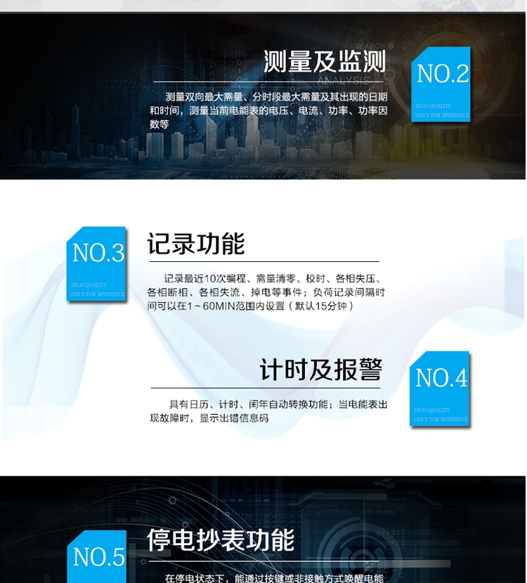 產品特點
采用專利技術開關電源供電，寬電壓工作范圍
采用獨有的抗浪涌措施，防雷性能強
功耗低，整機功耗<=1W、2VA，溫升低，整機壽命長
抗過壓能力強，避免接錯線或弄錯電壓等級而損壞電表，且能支持高過載倍數
板間無接插件，連接可靠；主機經過三防處理，能適應復雜氣候，提高了整機壽命和平均無故障工作時間
采用雙物理器件存儲參數、計費電能數據；每個物理器件內數據保存三份，確保在強干擾環境中參數和計費數據完整、可靠
接口功能豐富：可提供雙路RS485接口，雙路負荷報警接口，四路電能脈沖輸出，一路時鐘脈沖輸出，停電抄表輸入
豐富的軟件模塊，功能擴展方便，可擴展電壓及功率因數合格率等電能質量數據、可存儲半年以上的大容量負荷曲線數據等
采用模塊化設計，GPRS/CDMA模塊與計量模塊獨立，安裝方便，可后期擴充
采用業內先進的GPRS/CDMA模塊，可快速安全的實現數據連接，永久在線
可以當地/遠方修改參數，并且支持當地/遠方軟件在線升級
支持GPRS、CSD、SMS、CDMA等通訊方式，并支持VPN虛擬專網及公網等多種組網模式
采用超級電容和鋰電池兩種停電后備方式，保證停電報警功能可靠
綜合防竊電功能：
    硬件方面：采用防竊電外殼，并有相應的施封點，用電戶在不破壞鉛封的前提下，無法改動電壓電流線，也無法對編程按鍵操作來改動電表參數
    軟件方面：三級密碼防護
在線實時監測，并通過用電異常信息的記錄及主動上傳（通過GPRS/CDMA網絡上傳失壓、斷相、掉電/上電、過壓等異常事件）進行防竊電報警
電表自檢信息記錄及上報（硬件故障、時鐘故障、電池電壓低等）